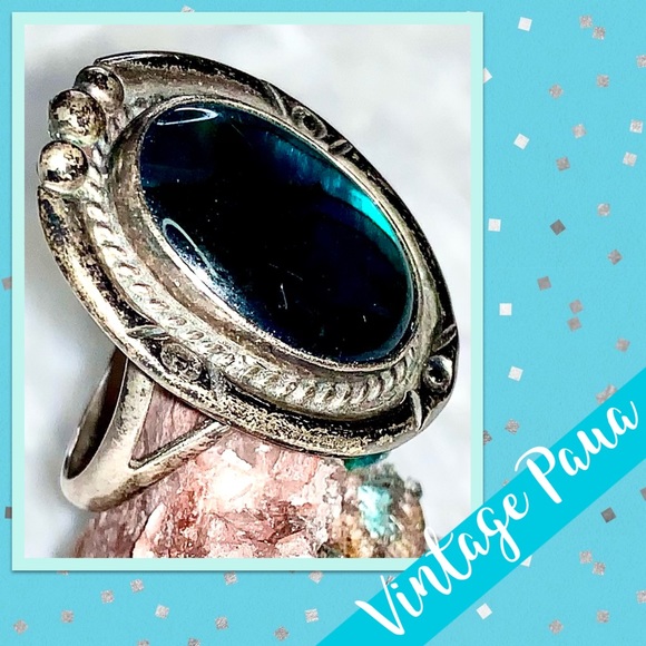 Vintage Native American Paua Sterling Silver Ring (Turquoise Blue/Aqua shell) - Picture 6 of 11